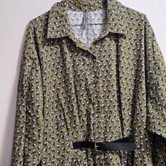 Anthropologie Corduroy Abs Vegan Leather Green Patterned Shirt Pockets Dress - Picture 3 of 13